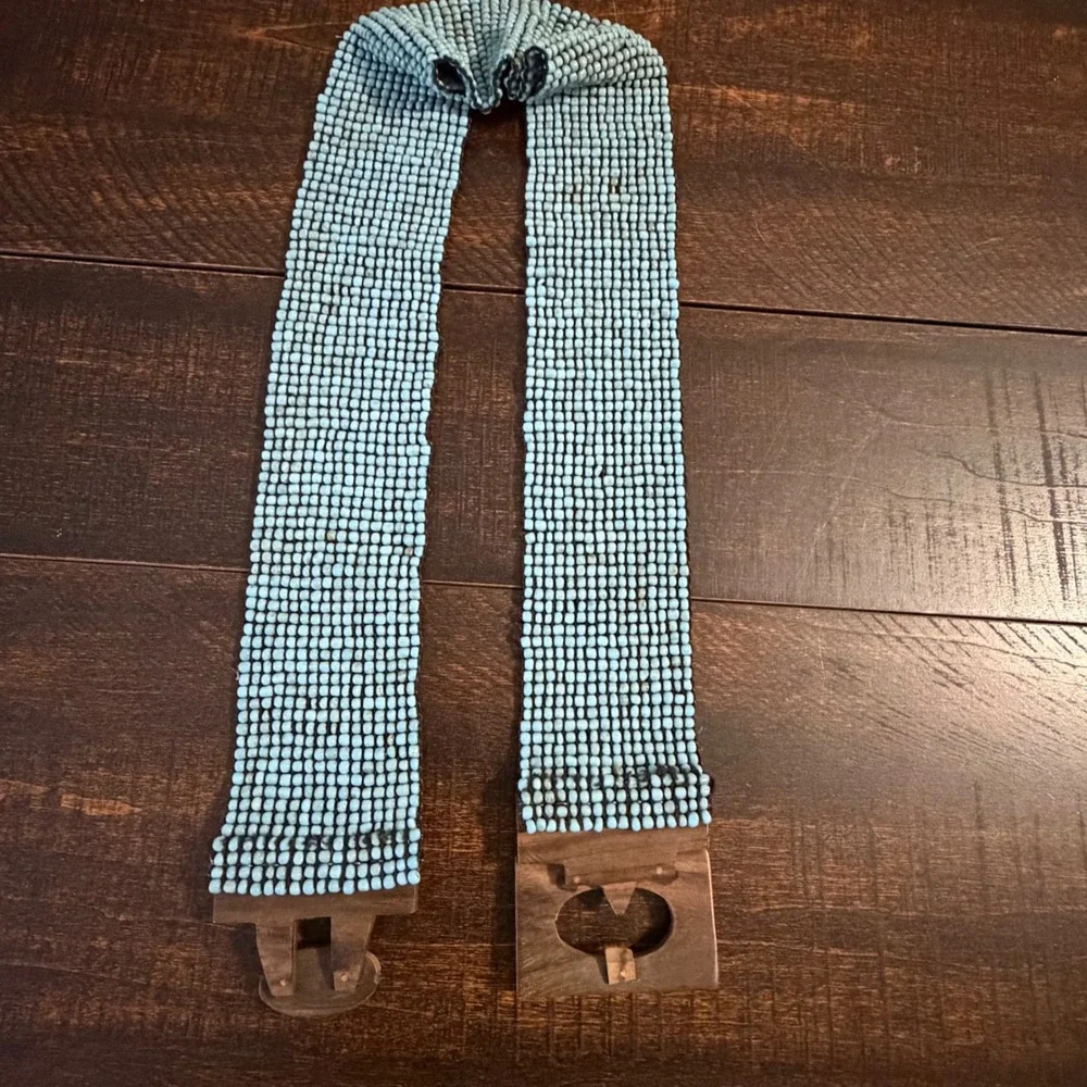 Vintage Beaded Boho Wood Buckle Waist Belt Light Blue Festival Coastal Aesthetic